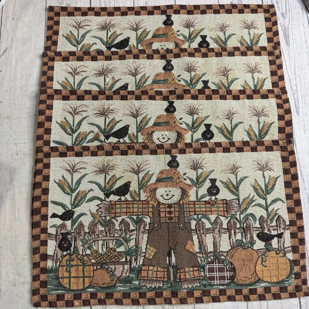 VTG Fall Harvest Tapestry Placemats Set of 4 Scarecrow Pumpkin